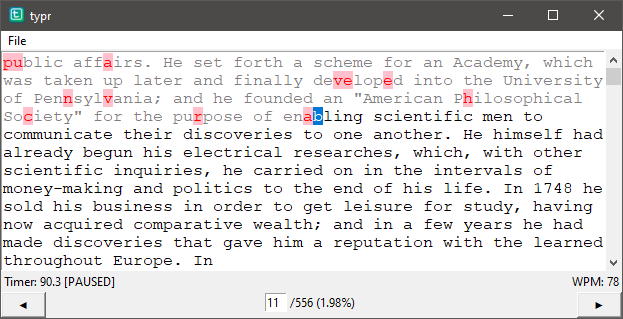 Screenshot of Typr (desktop version) with the Autobiography of Ben Franklin